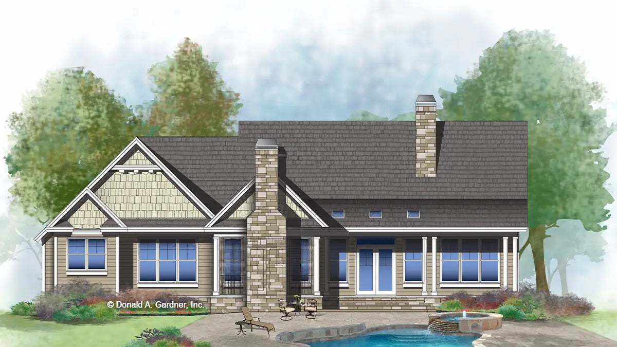 This is an illustration of the rear of one bedroom house plan 1419 The Cline