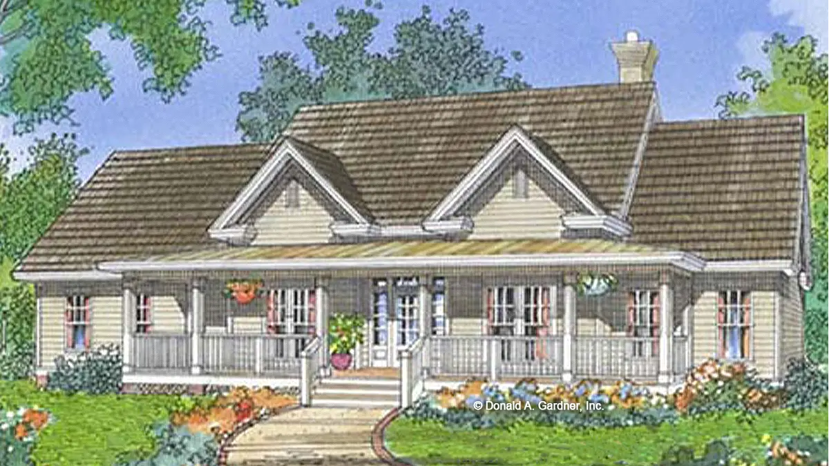 This is an illustration of the front of farmhouse plan 490 The Colverdale