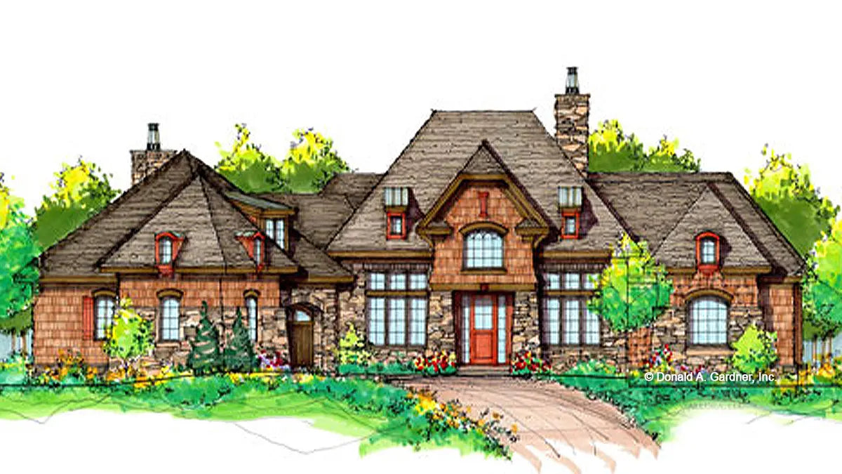 Front view illustration. The Clubwell Manor plan 5037. 