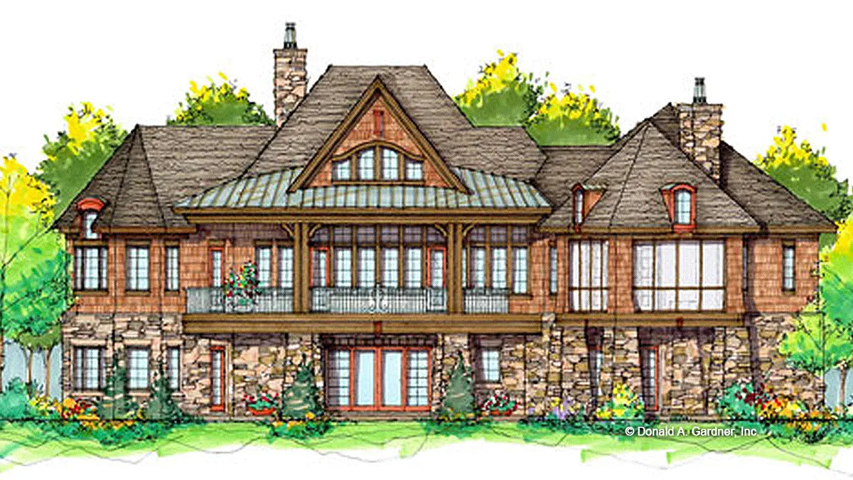 Rear view illustration. The Clubwell Manor plan 5037. 