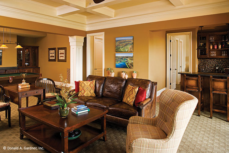 Coffered ceiling in the rec room. The Clubwell Manor plan 5037. 