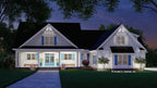 This is an illustration of the front of four bedroom house plan 1609 The Colville at dusk