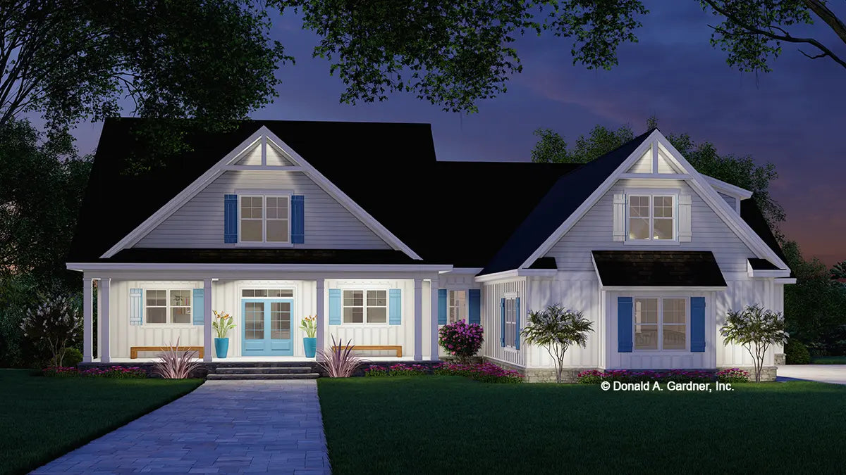 This is an illustration of the front of four bedroom house plan 1609 The Colville at dusk