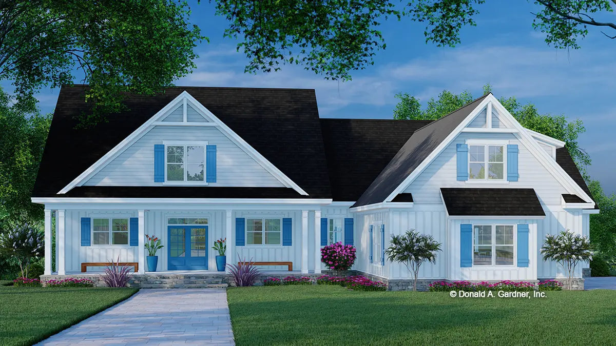 This is an illustration of the front of modern farmhouse house plan 1609 The Colville