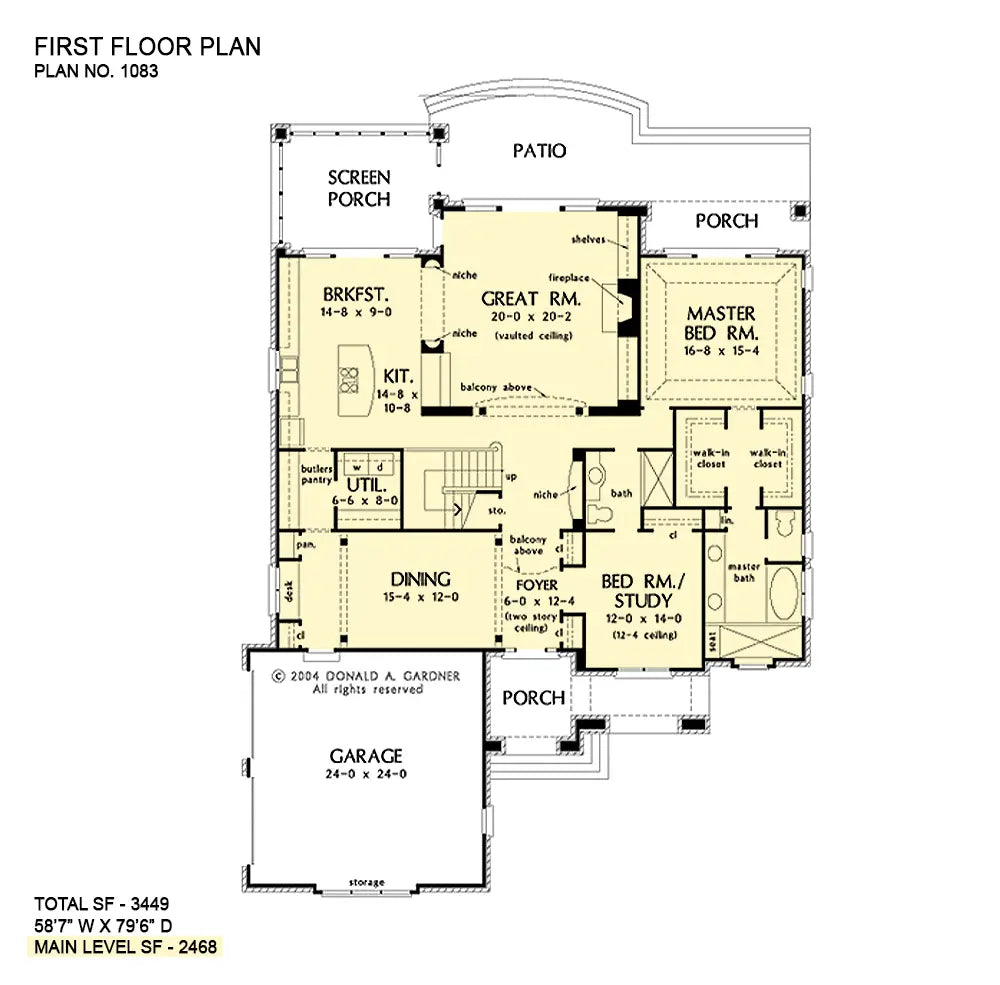 first floor plan is deeper than wide, has a 2 car garage, study, formal dining area, large kitchen and breakfast nook, a great room in the middle with a fireplace and the master suite to the right