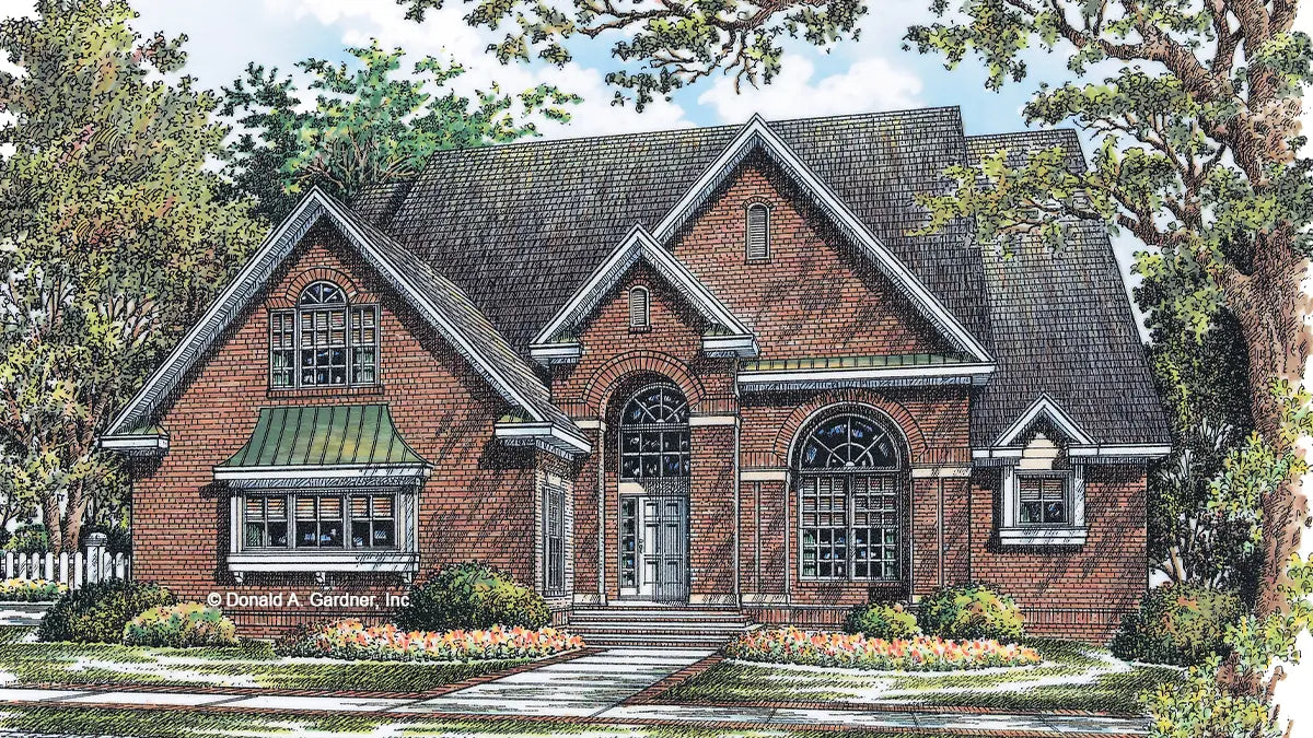 Pillars, arches, and banding lend a subtle sophistication to this brick exterior.