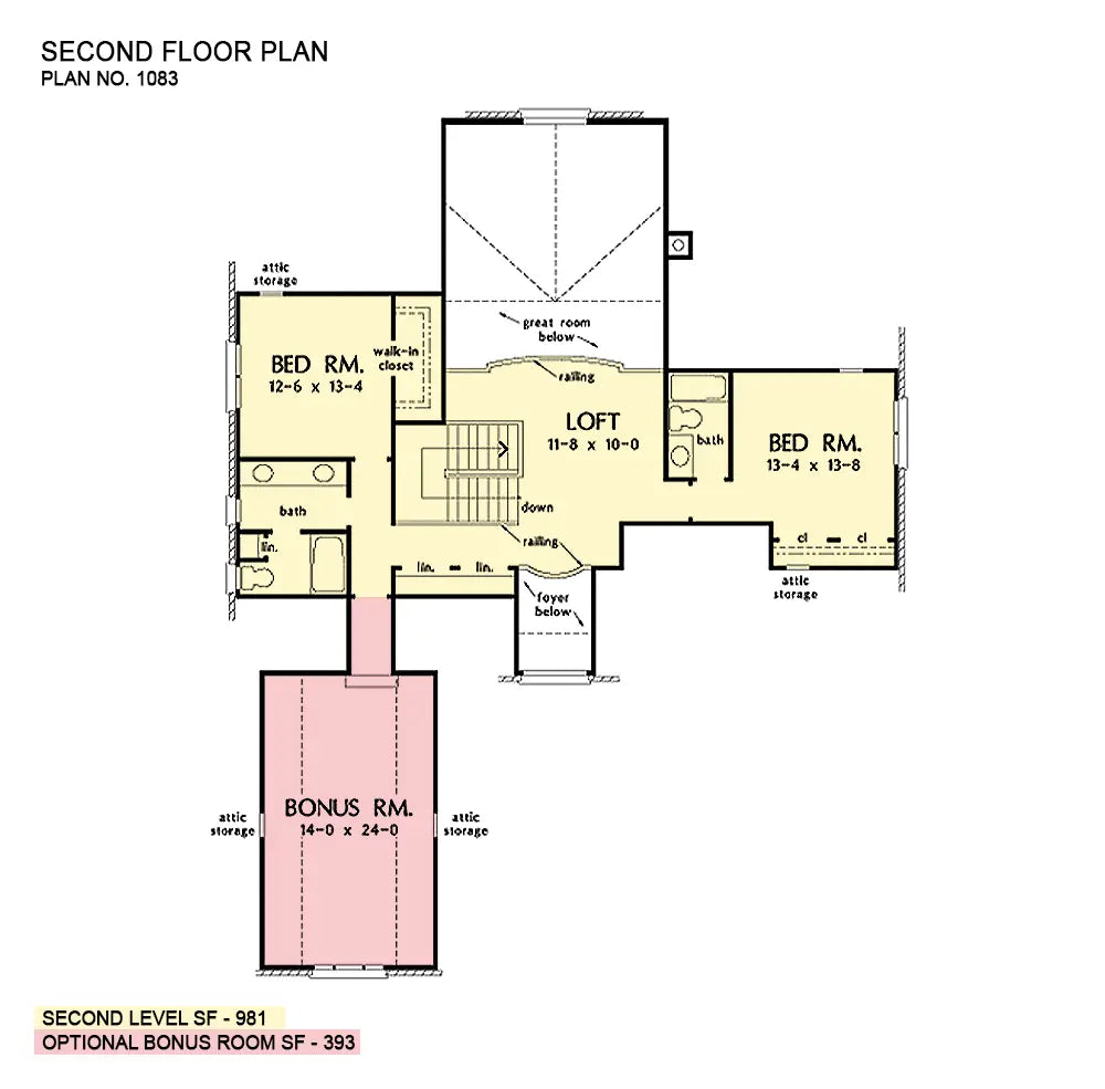 second floor layout with loft, 2 bedrooms, open to the great room and foyer below and a large bonus room over the garage