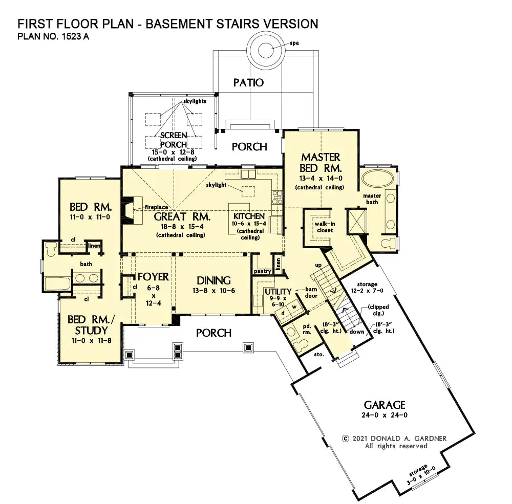 This is the first floor plan image for four bedroom house plan 1523 The Constance if the home is built over a basement