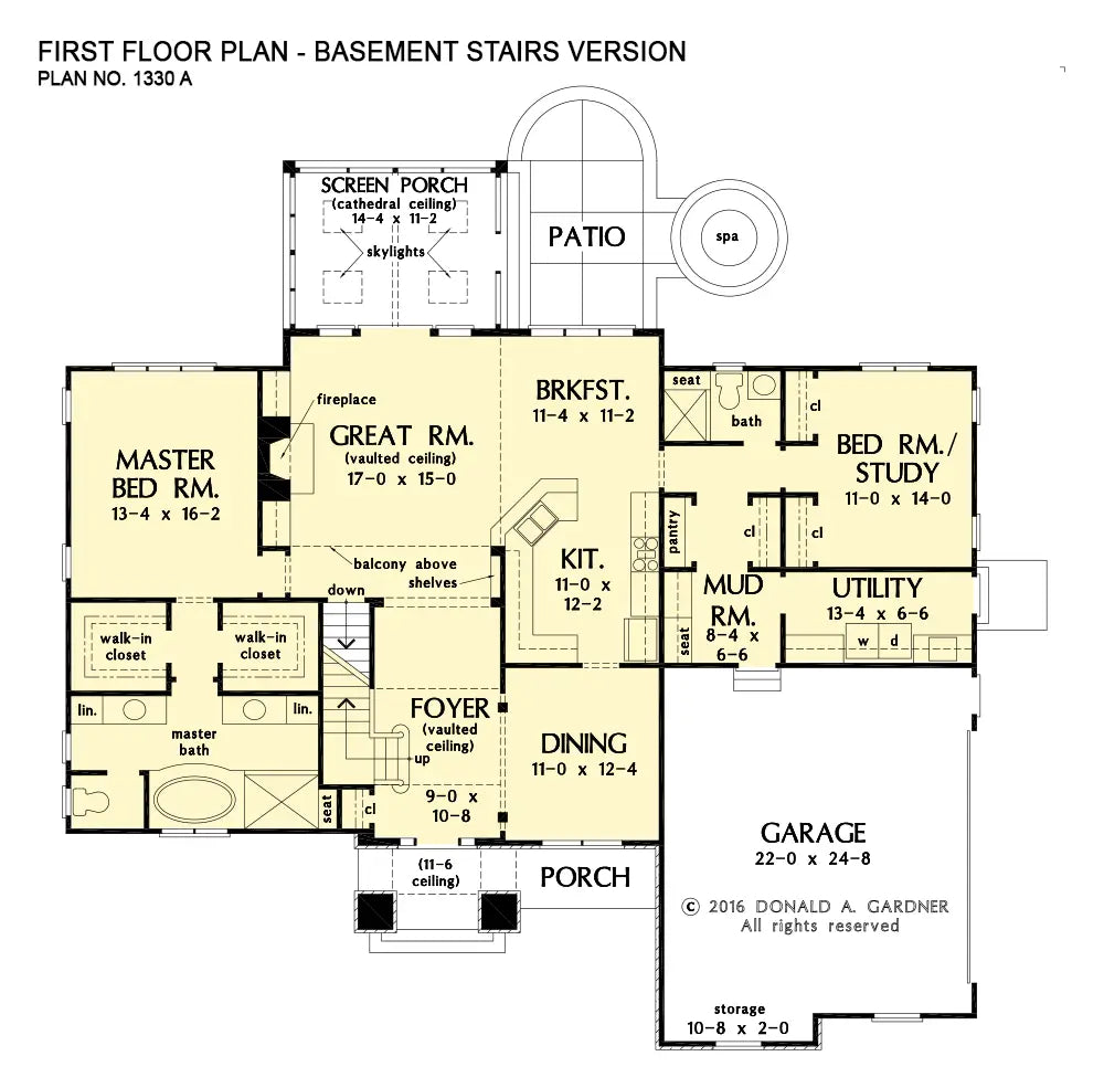 This is the first floor plan image for five bedroom house plan 1330 The Copland if the home is built over a basement