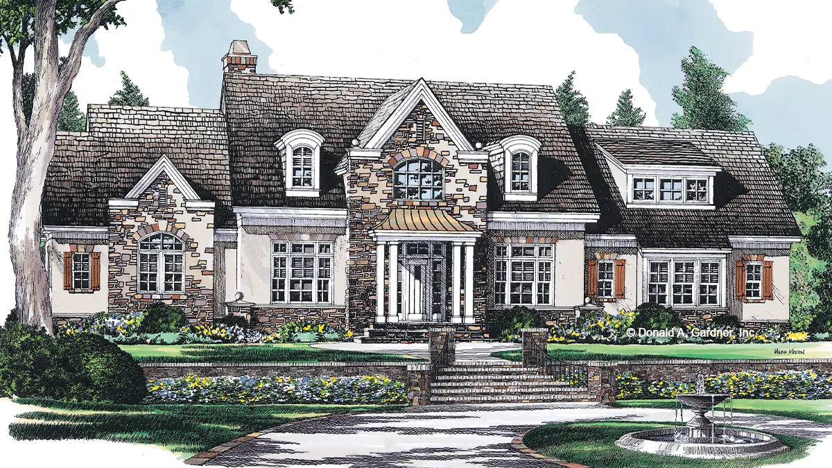 Front view illustration of a European manor home. The Copperleaf plan 1070.