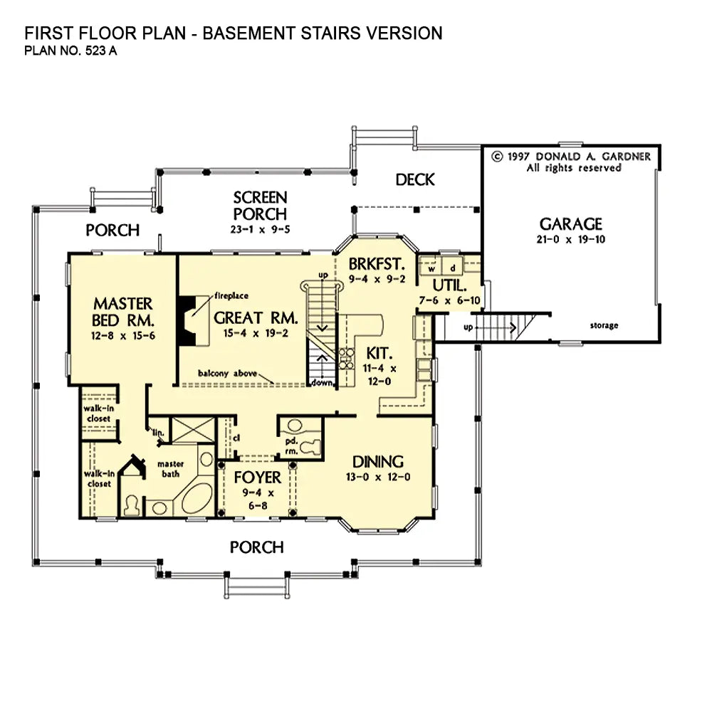 This is the first floor plan image for farmhouse plan 523 The Cottonwood if the home is built over a basement