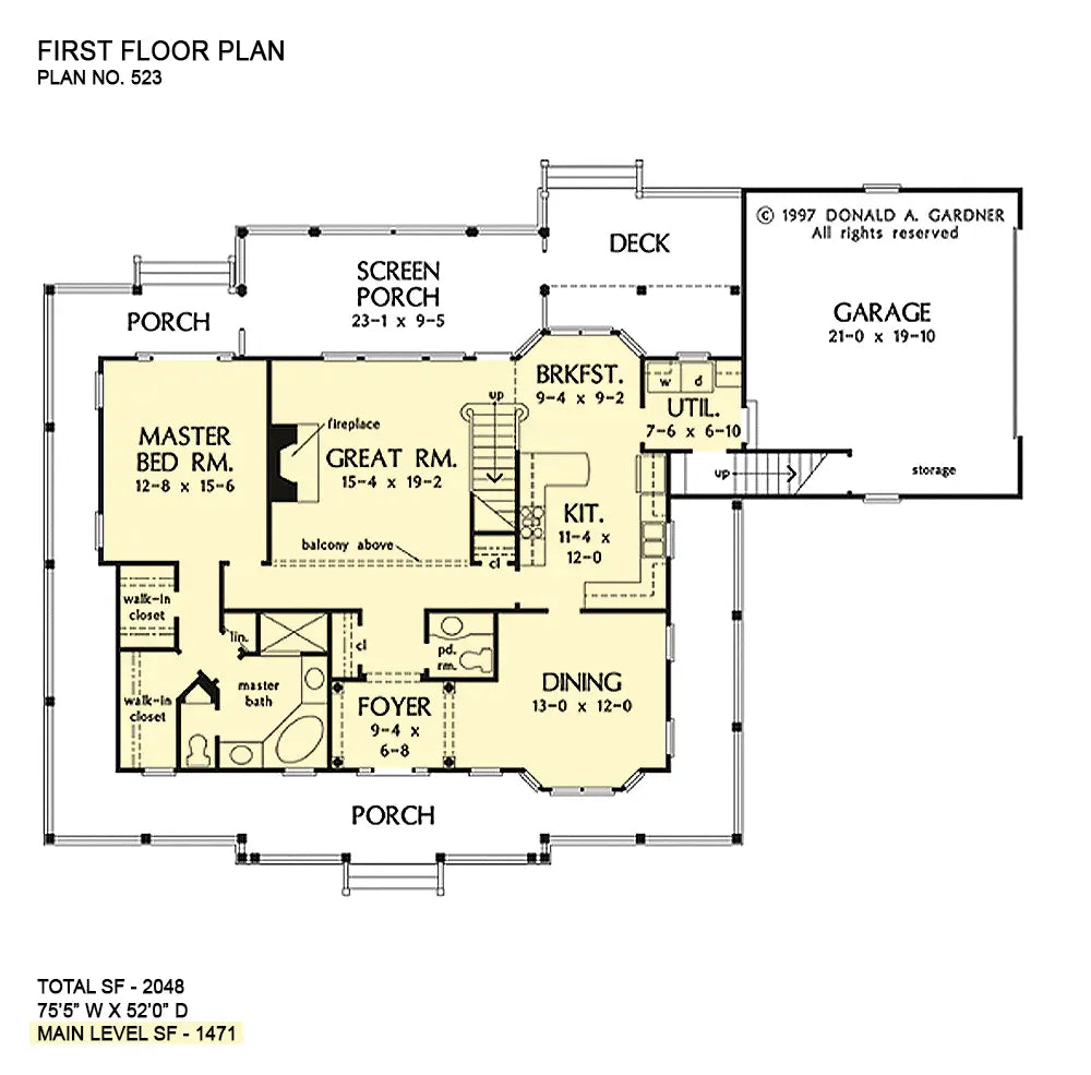 This is the first floor plan image for country house plan 523 The Cottonwood