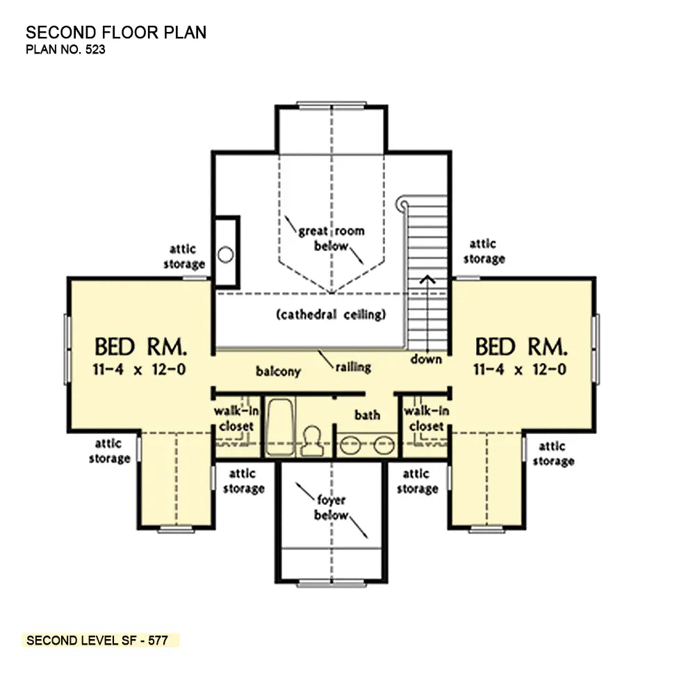 This is the second floor plan image for three bedroom house plan 523 The Cottonwood