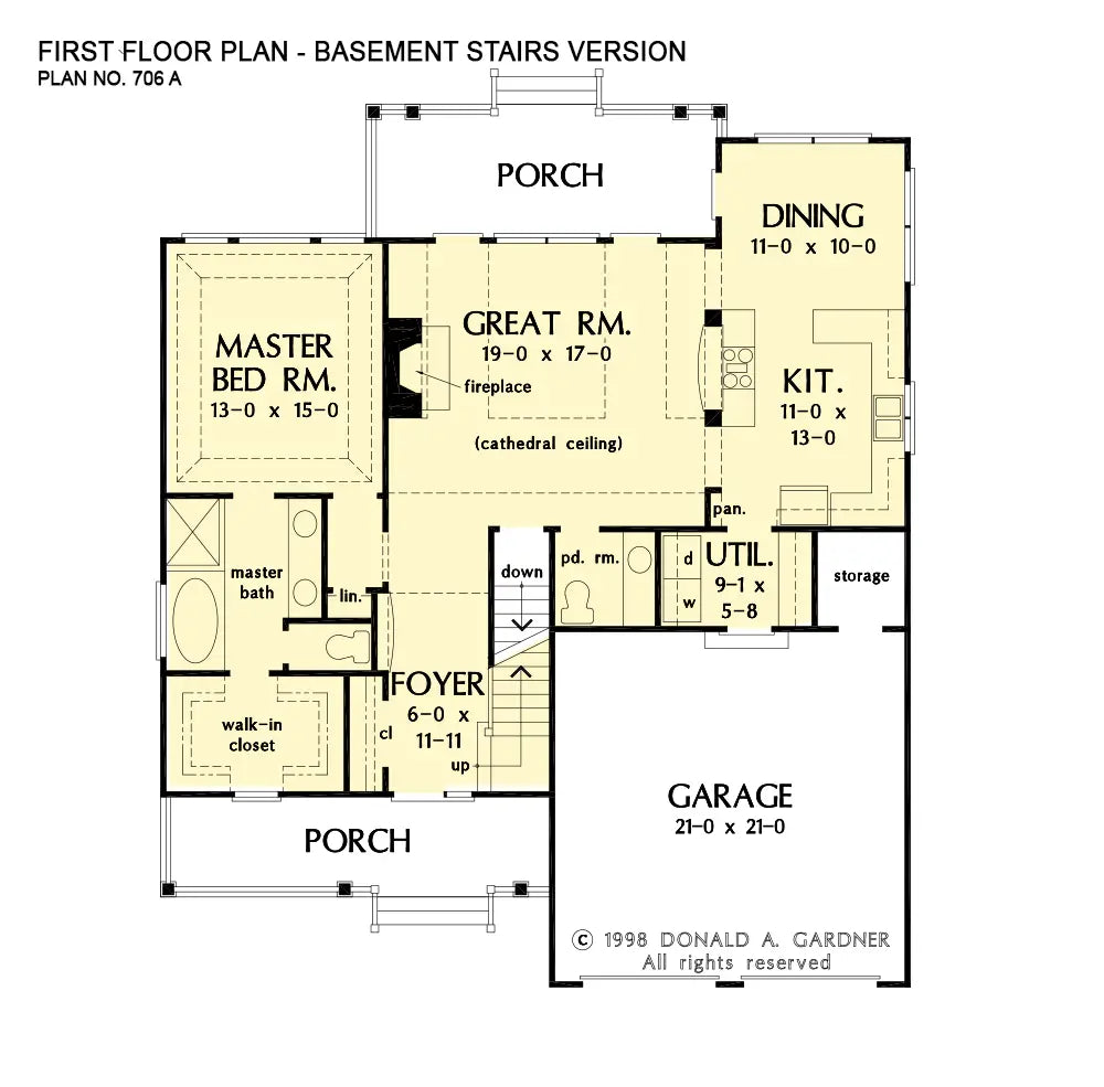 This is the first floor plan image for house plan 706 The Courtney if the home is built over a basement