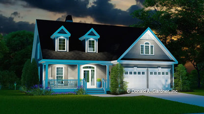 This is an illustration of the front of house plan 706 The Courtney at dusk