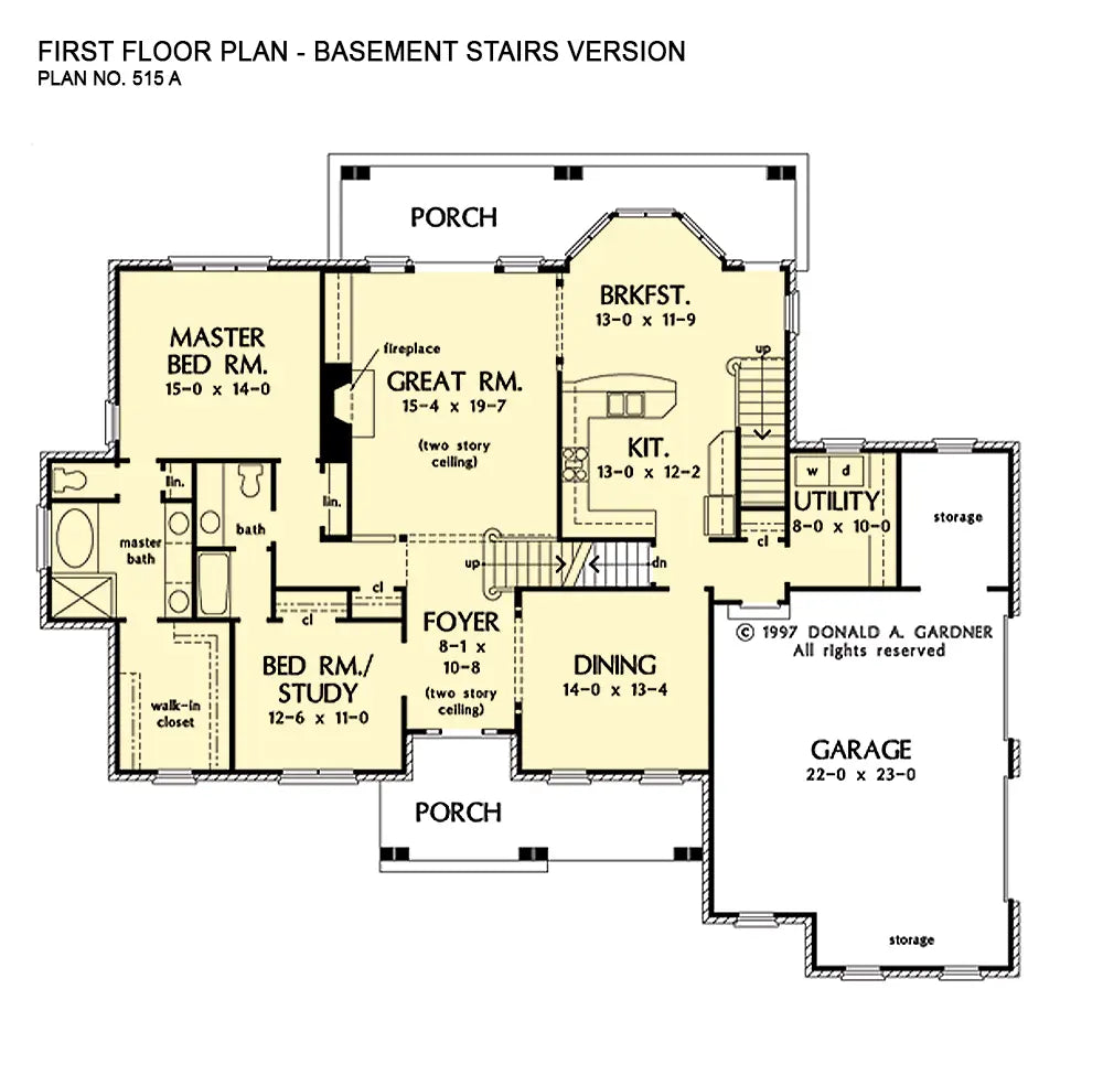 This is the first floor plan image for traditional house plan 515 The Covington if the home is built over a basement