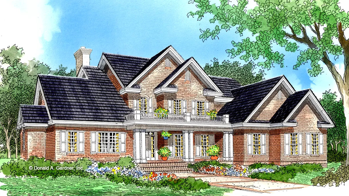 This is an illustration of the front of brick house plan 515 The Covington