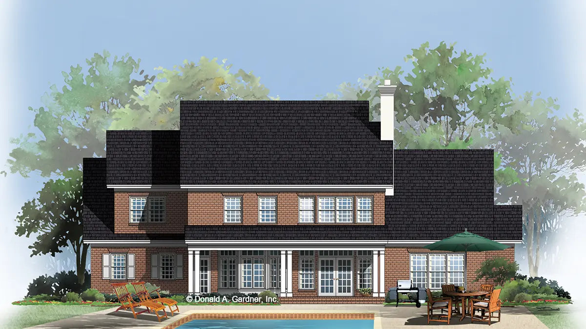 This is an illustration of the rear of traditional house plan 515 The Covington