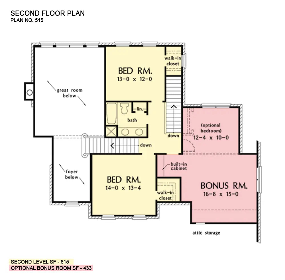 This is the second floor plan image for four bedroom house plan 515 The Covington