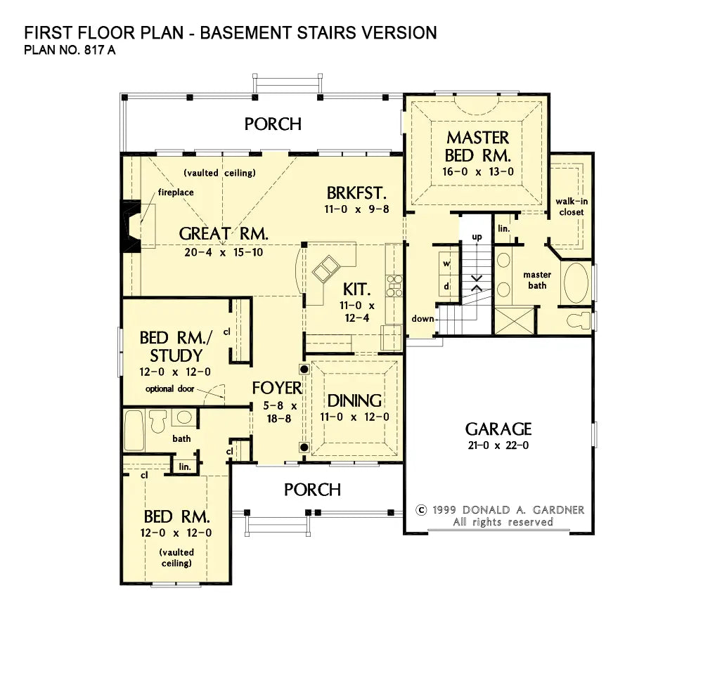 This is the first floor plan image for three bedroom house plan 817 The Crabtree if the home is built over a basement