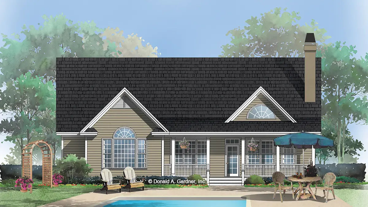 This is an illustration of the rear of three bedroom house plan 817 The Crabtree