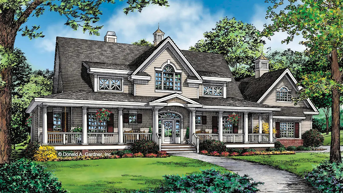 Front view illustration of a farmhouse style home. The Cresthill plan #1182.