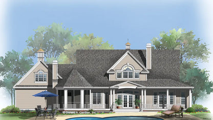 Rear view illustration with a screened in porch. The Cresthill plan #1182.