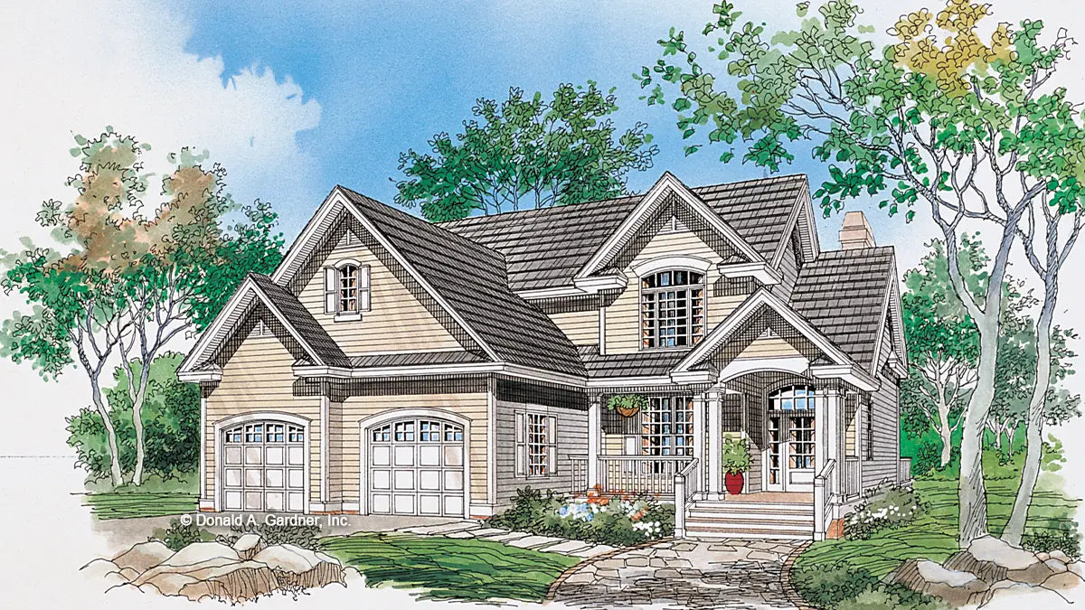 This is an illustration of the front of three bedroom house plan 857 The Crickmore 