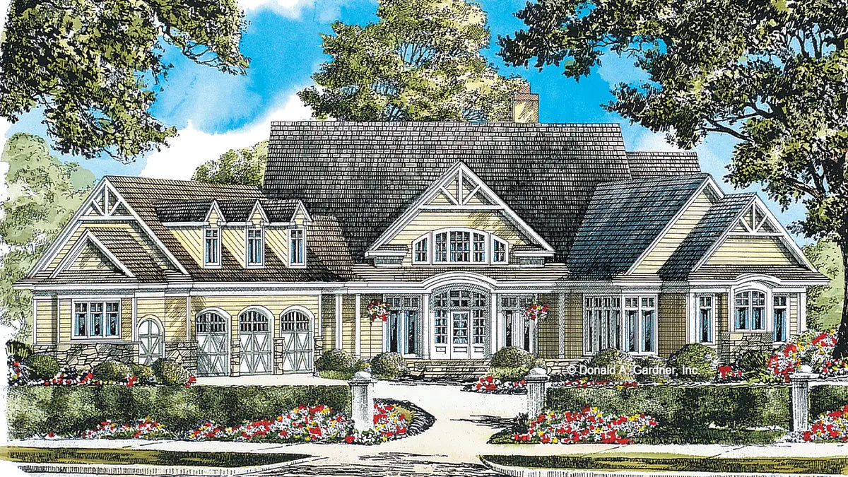 This is an illustration of the front of luxury house plan 732 The Crowne Canyon