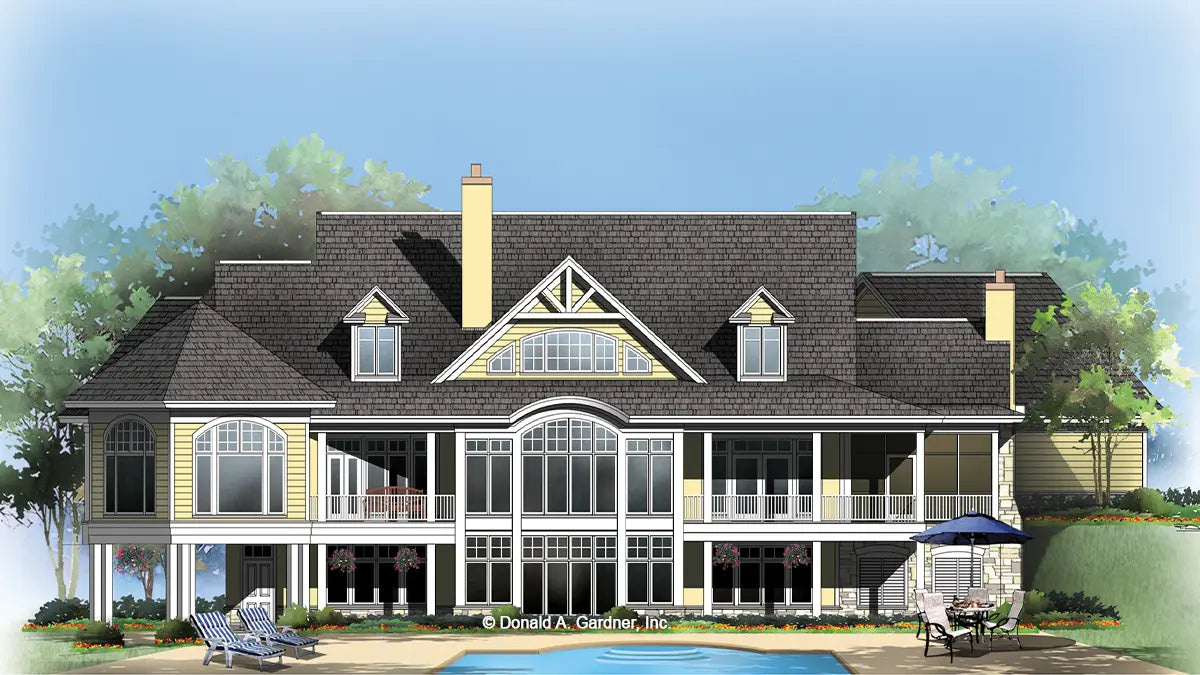 This is an illustration of the rear of hillside house plan 732 The Crowne Canyon