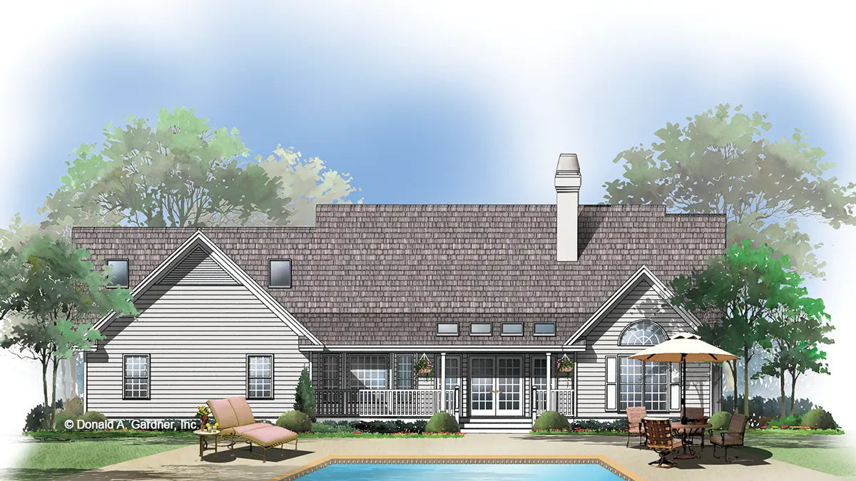 This is an illustration of the rear of ranch house plan 359 The Culver