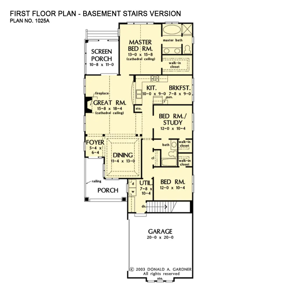 This is the first floor plan image for narrow lot house plan 1025 The Currier if the home is built over a basement