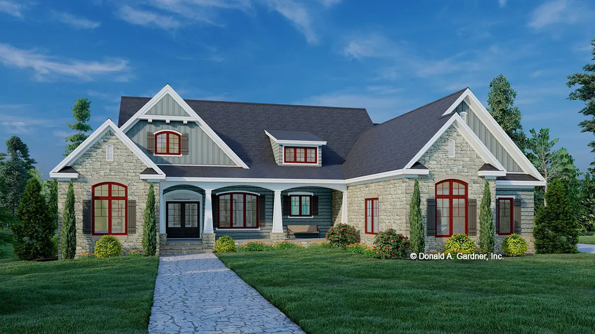 This is an illustration of the front of rustic house plan 1535 The Curtis