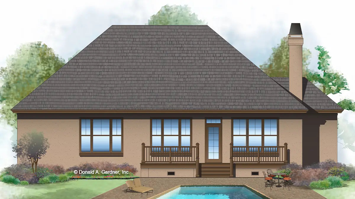 This is an illustration of the rear of one story house plan 906 The Cypress