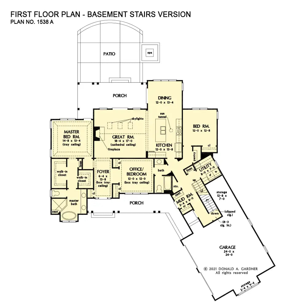 This is the first floor plan image for one story house plan 1538 The Cyrus if the home is built over a basement