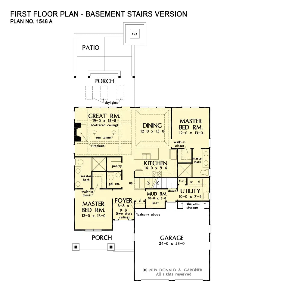 This is the first floor plan image for cottage house plan 1548 The Dahlia if the home is built over a basement