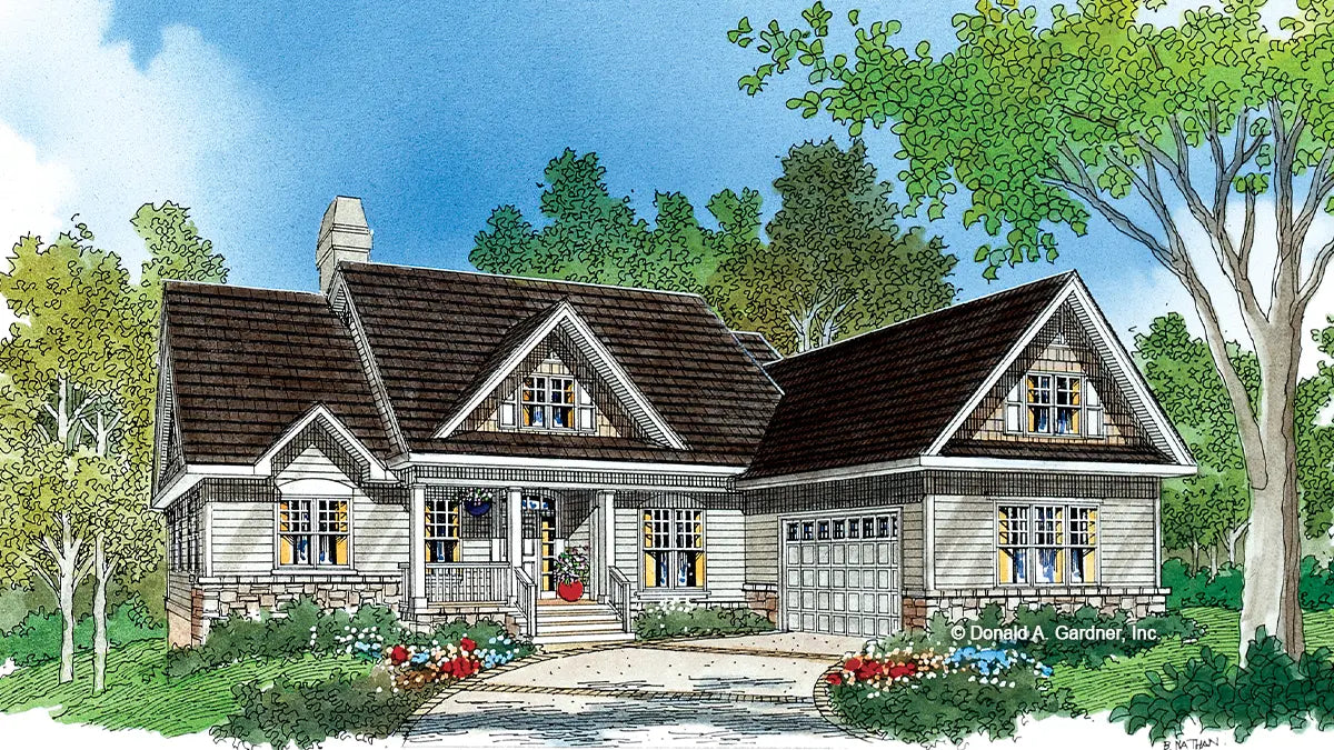 This is an illustration of the front of walkout basement house plan 789 The Dakota