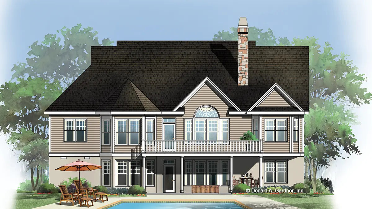 This is an illustration of the rear of four bedroom house plan 789 The Dakota