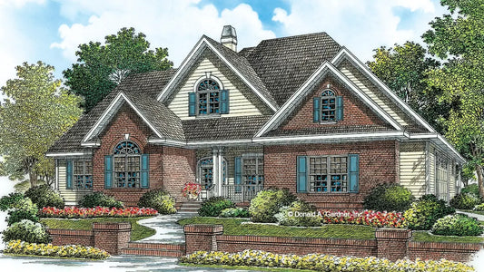 Traditional home plan features a low-maintenance exterior of brick and siding, along with arched keystones and dual columns on the porch that spark instant curb appeal.