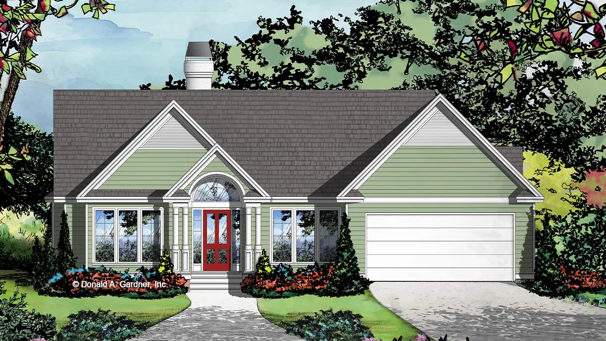 This is an illustration of the front of simple house plan 253 The Darby