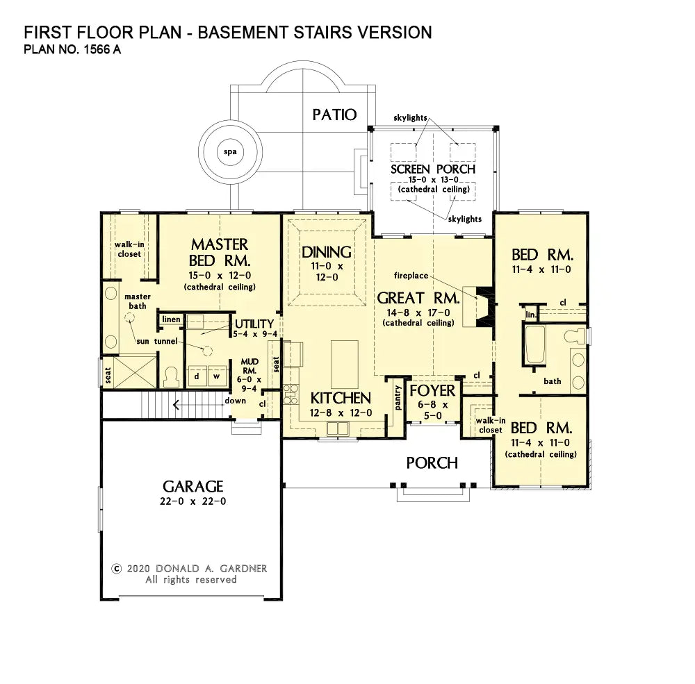 This is the first floor plan image for small house plan 1566 The Darren if the home is built over a basement