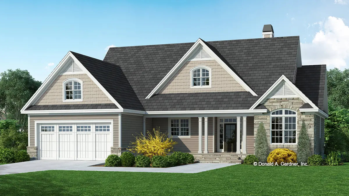 This is an illustration of the front of Craftsman house plan 1566 The Darren