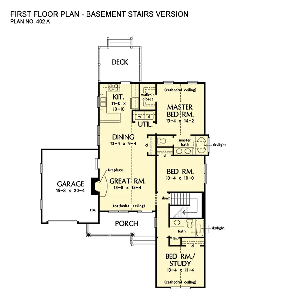 This is the first floor plan image for starter house plan 402 The Davidson if the home is built over a basement