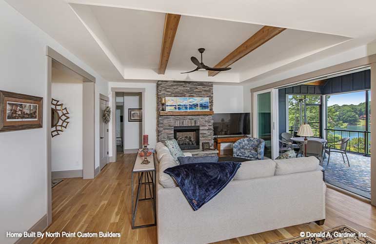 Back view of the great room showing the stone fireplace. Dawson plan 1502