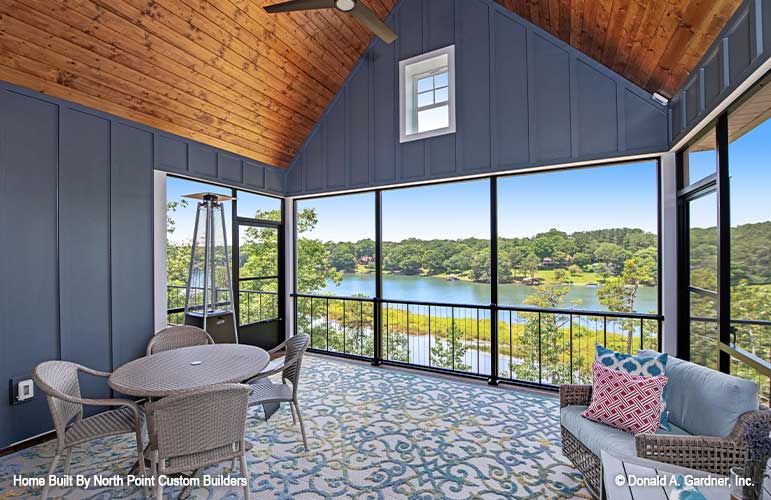 The water view from the screen in porch with vaulted ceiling. Dawson plan 1502