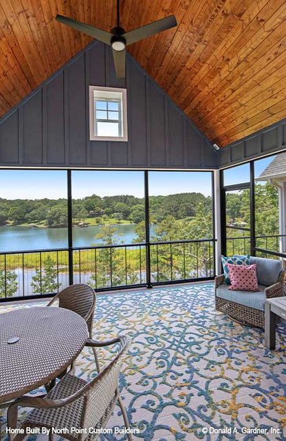 The water view from the screen in porch with vaulted ceiling. Dawson plan 1502