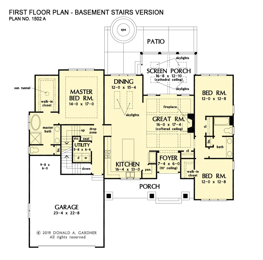 This is the first floor plan image for one story house plan 1502 The Dawson if the home is built over a basement