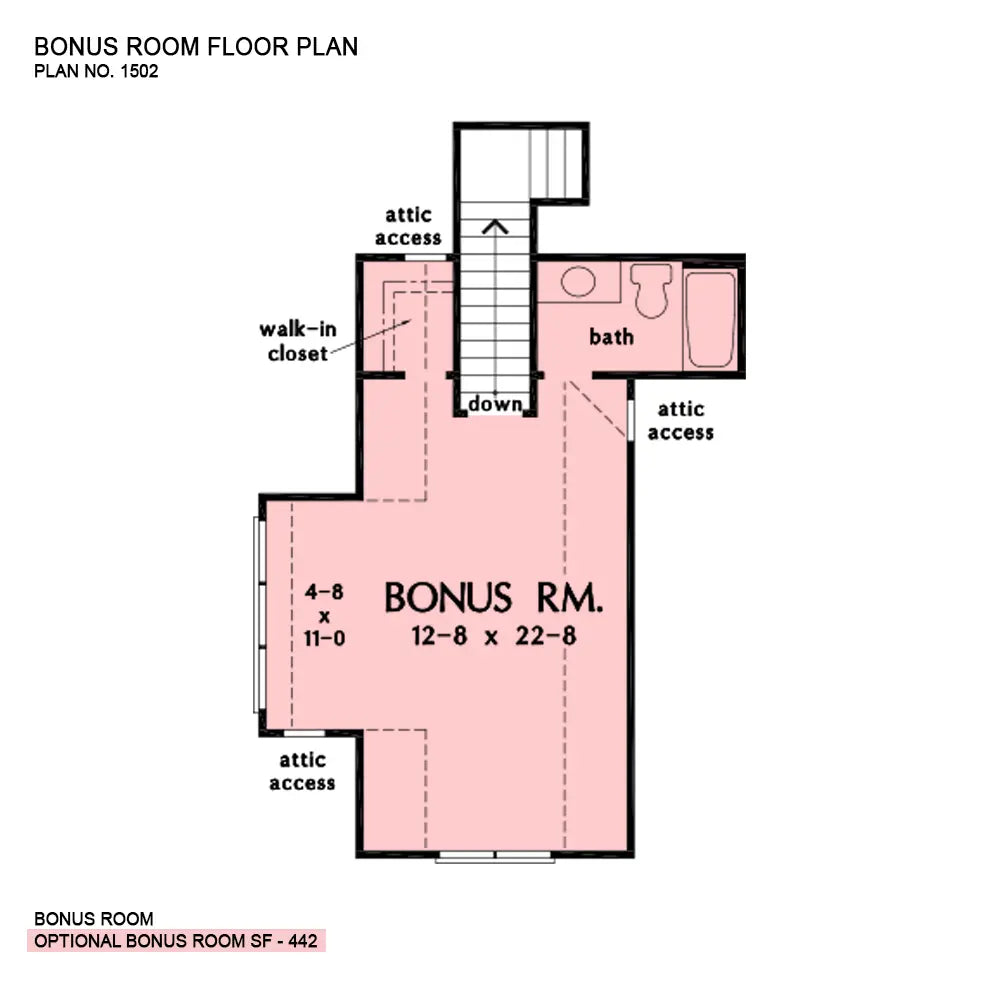 This is the bonus room floor plan image for three bedroom house plan 1502 The Dawson