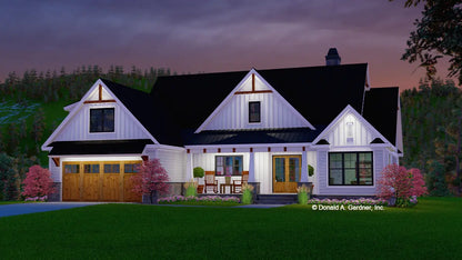 This is an illustration of the front of three bedroom house plan 1502 The Dawson at dusk