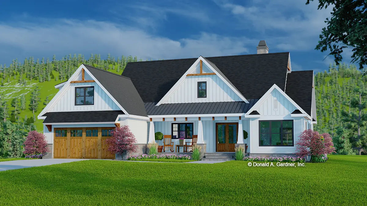 This is an illustration of the front of modern farmhouse house plan 1502 The Dawson